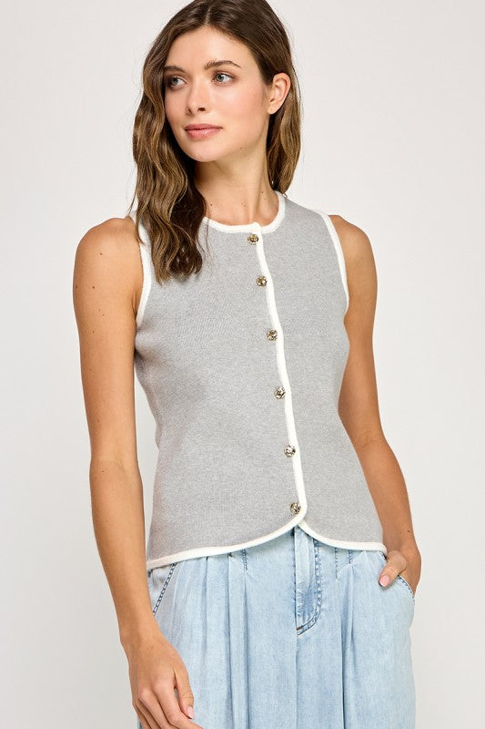 Classy Gold Button Top - Grey