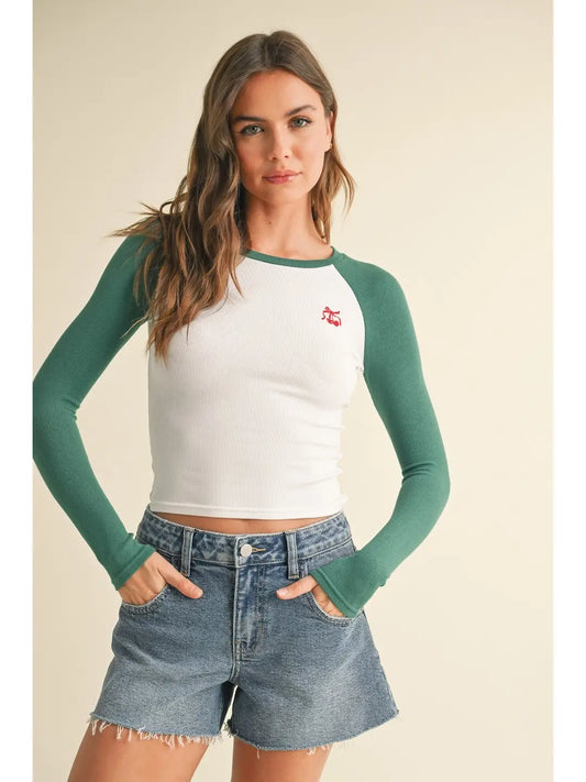 Embroidered Cherry Bow Long Sleeve
