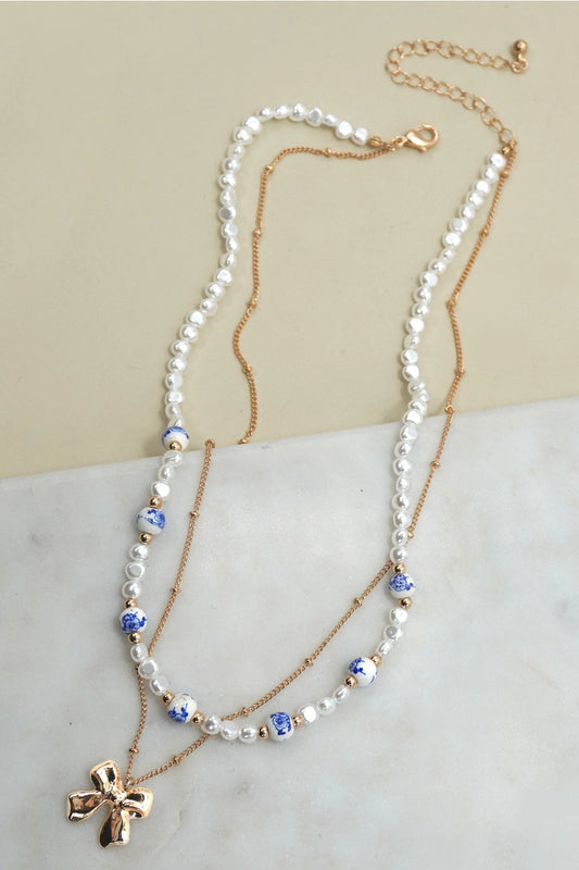 Ceramic Porcelain Pearl Bow Layered Necklace
