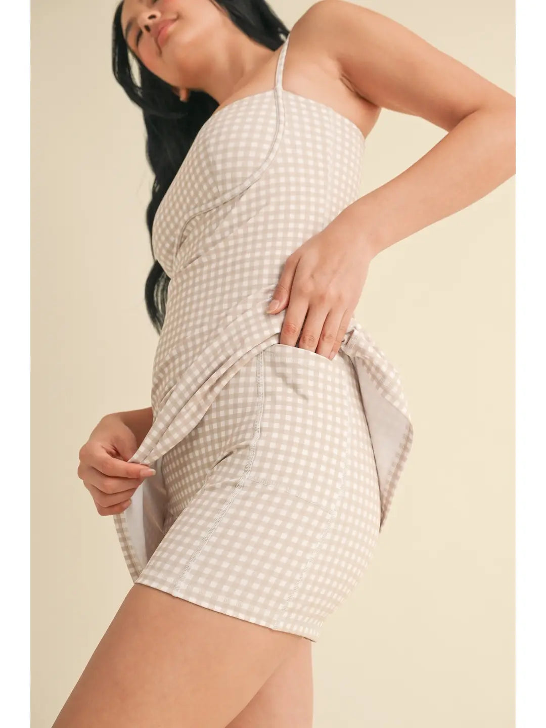 Gingham Active Romper Dress - Beige