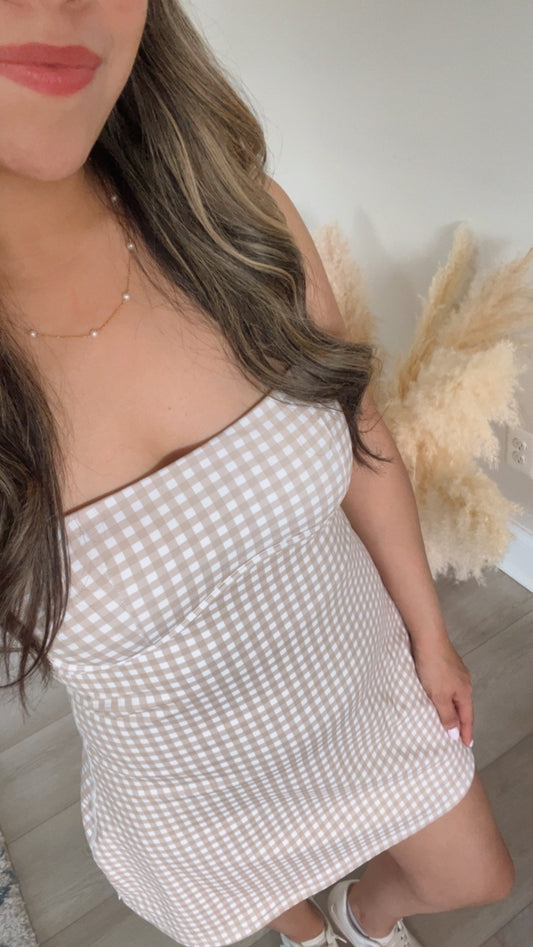 Gingham Active Romper Dress - Beige