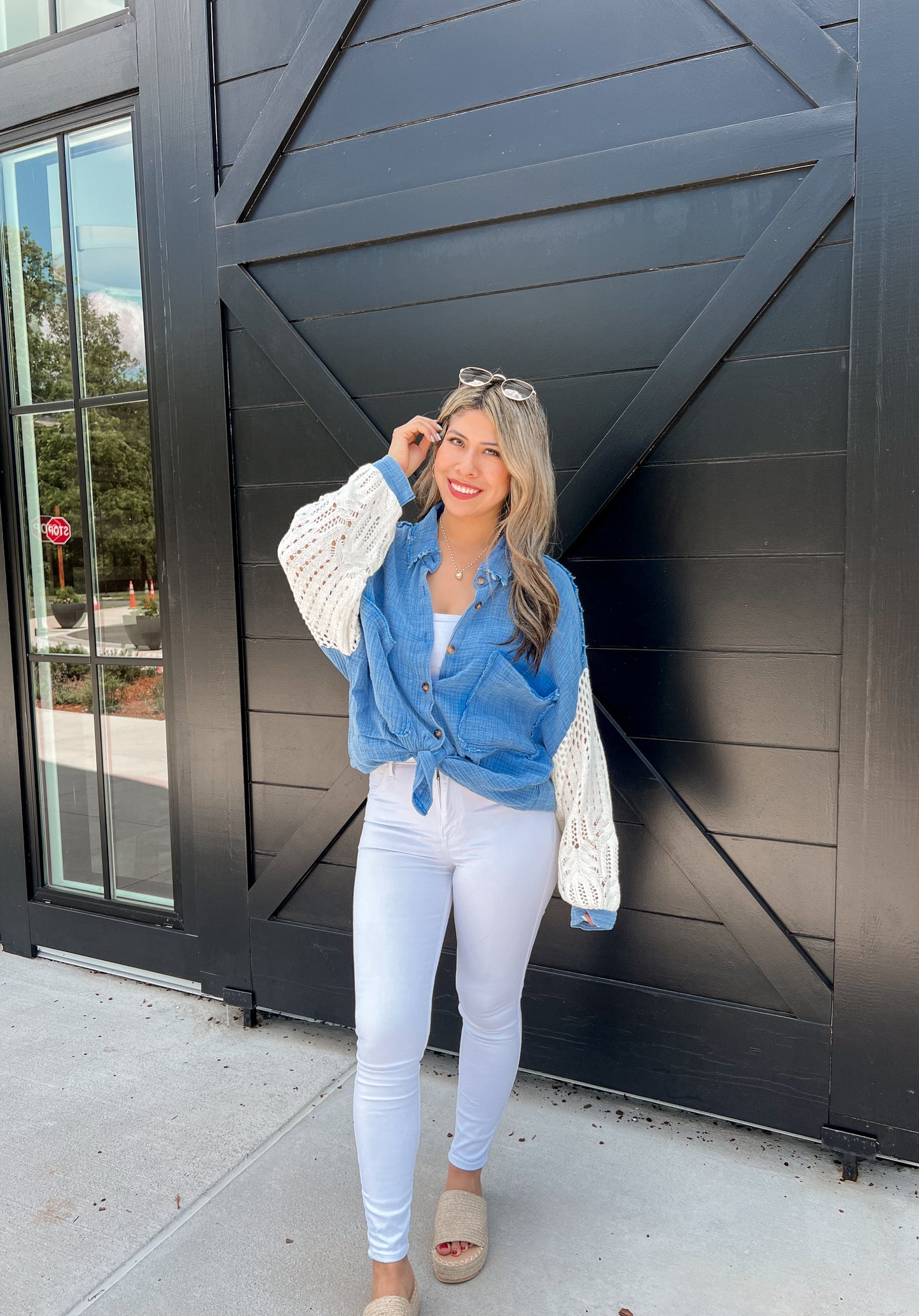 Isabella Crochet Sleeve Button Up (Marine Blue)
