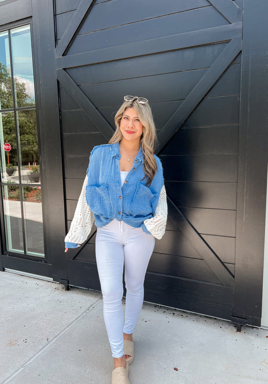 Isabella Crochet Sleeve Button Up (Marine Blue)