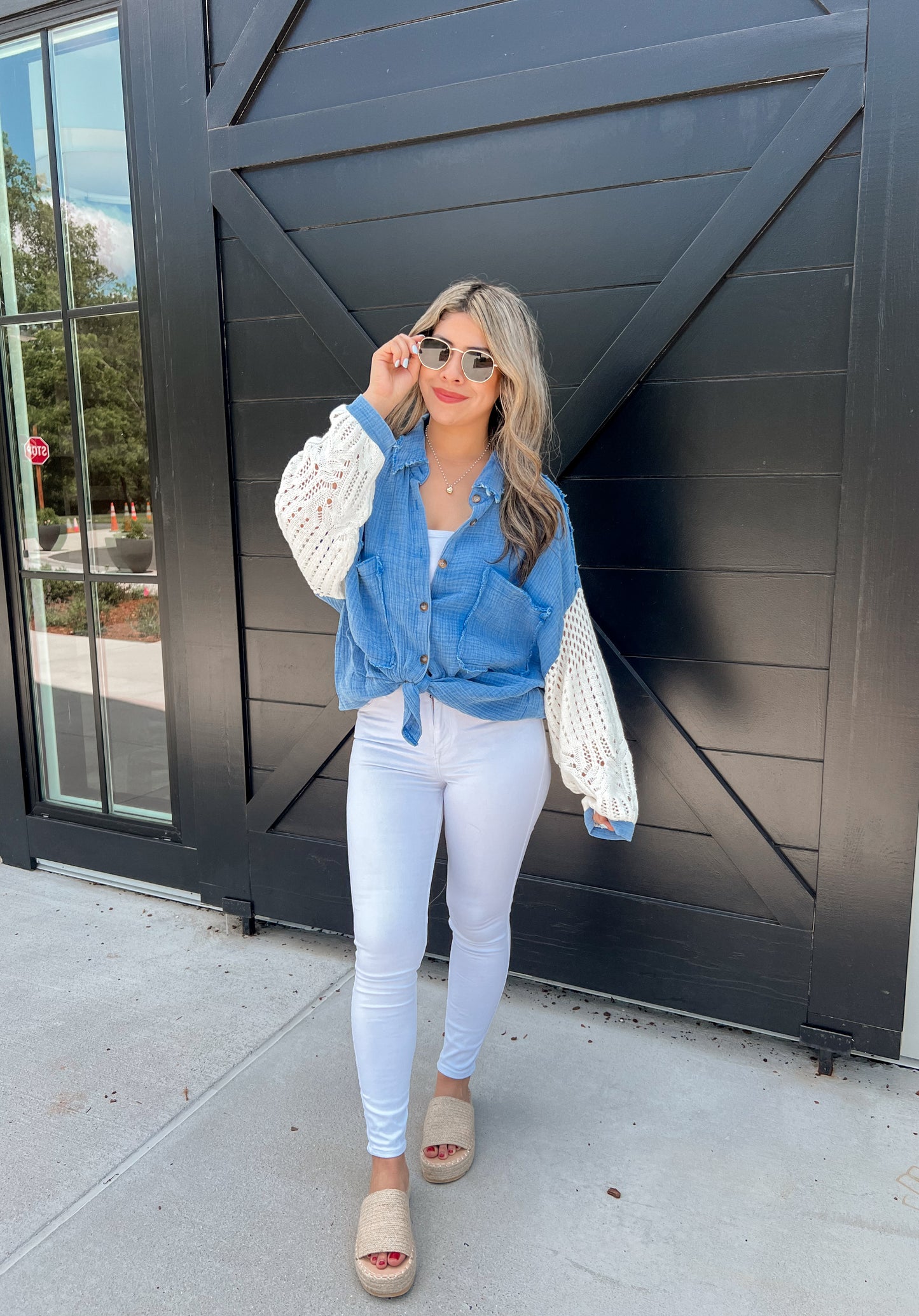 Isabella Crochet Sleeve Button Up (Marine Blue)