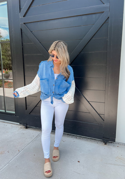 Isabella Crochet Sleeve Button Up (Marine Blue)