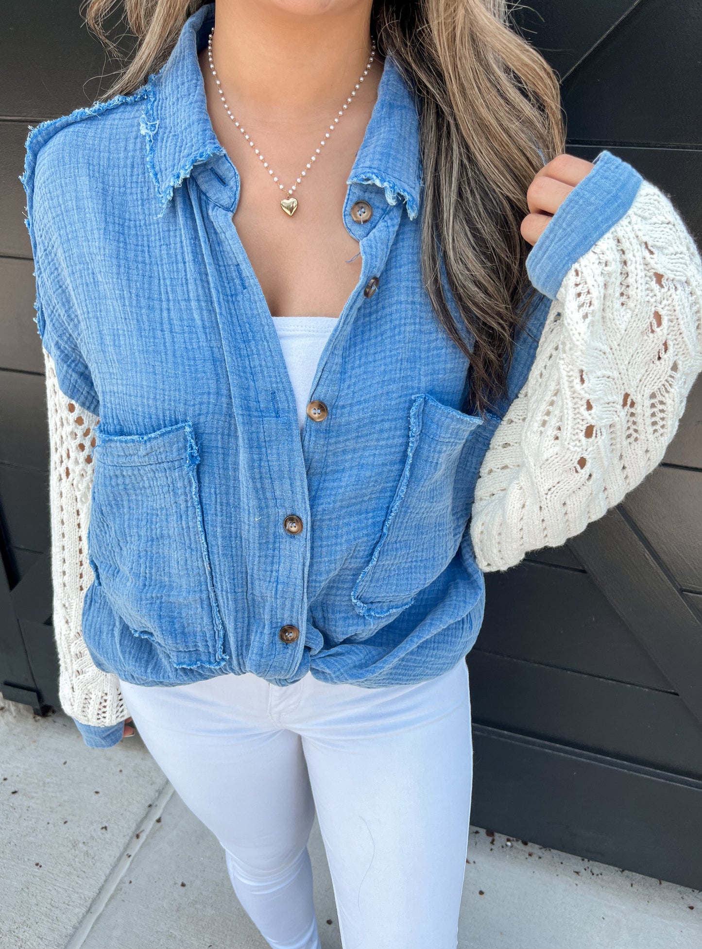 Isabella Crochet Sleeve Button Up (Marine Blue)
