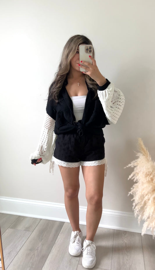 Isabella Crochet Sleeve Button Up (Black)