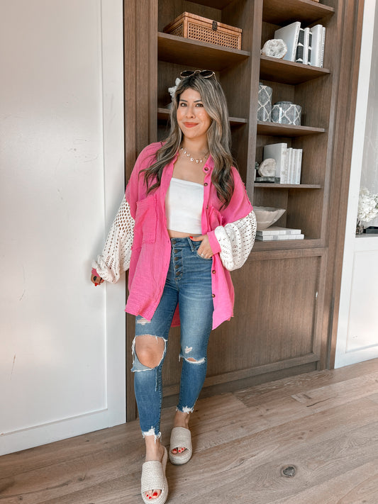 Isabella Crochet Sleeve Button Up (Bubblegum Pink)