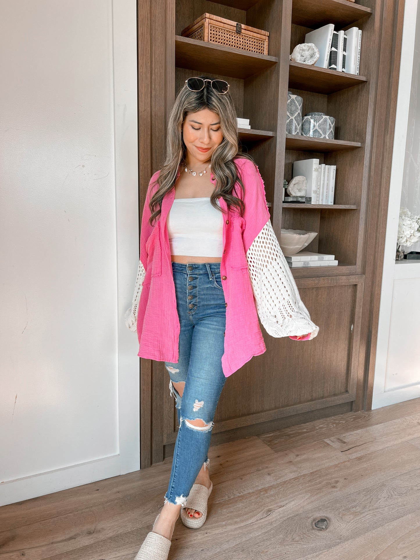 Isabella Crochet Sleeve Button Up (Bubblegum Pink)