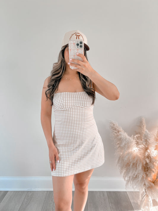 Gingham Active Romper Dress - Beige