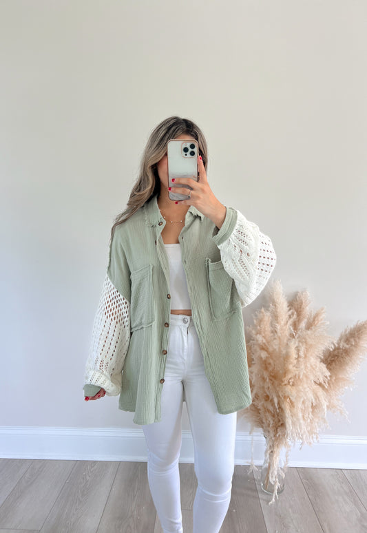 Isabella Crochet Sleeve Button Up (Sage)