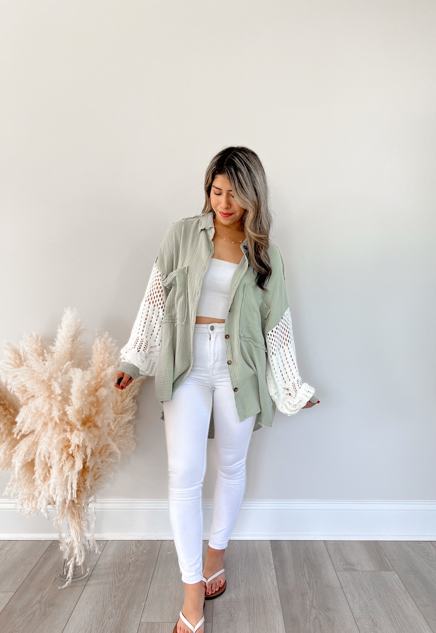 Isabella Crochet Sleeve Button Up (Sage)