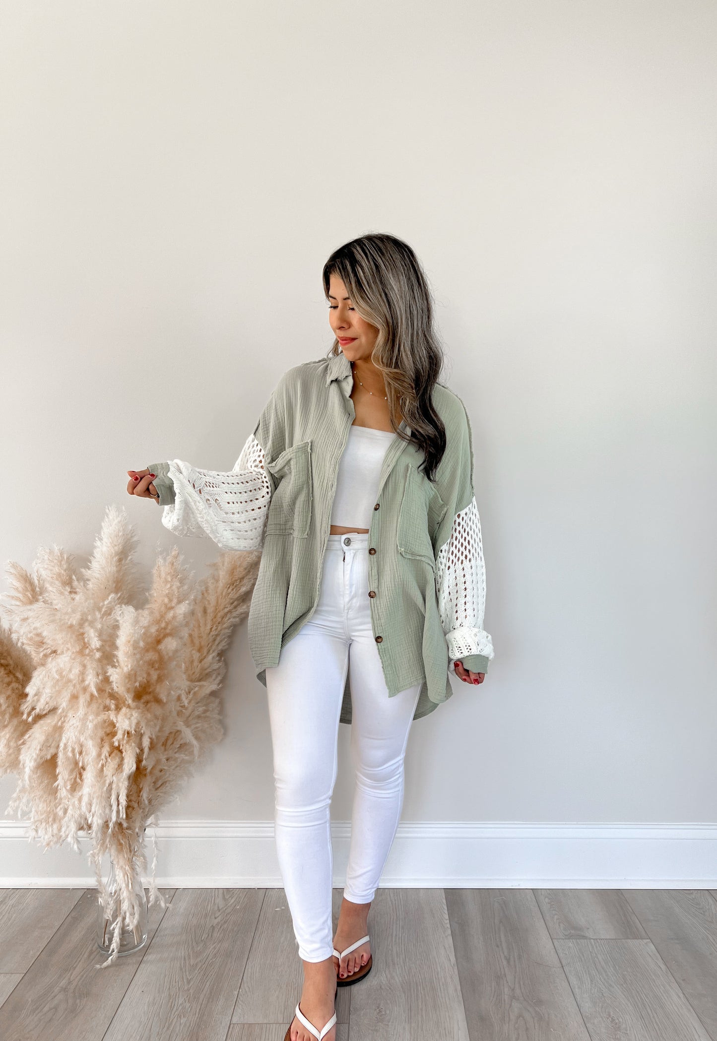 Isabella Crochet Sleeve Button Up (Sage)