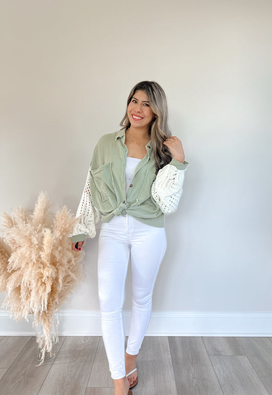 Isabella Crochet Sleeve Button Up (Sage)
