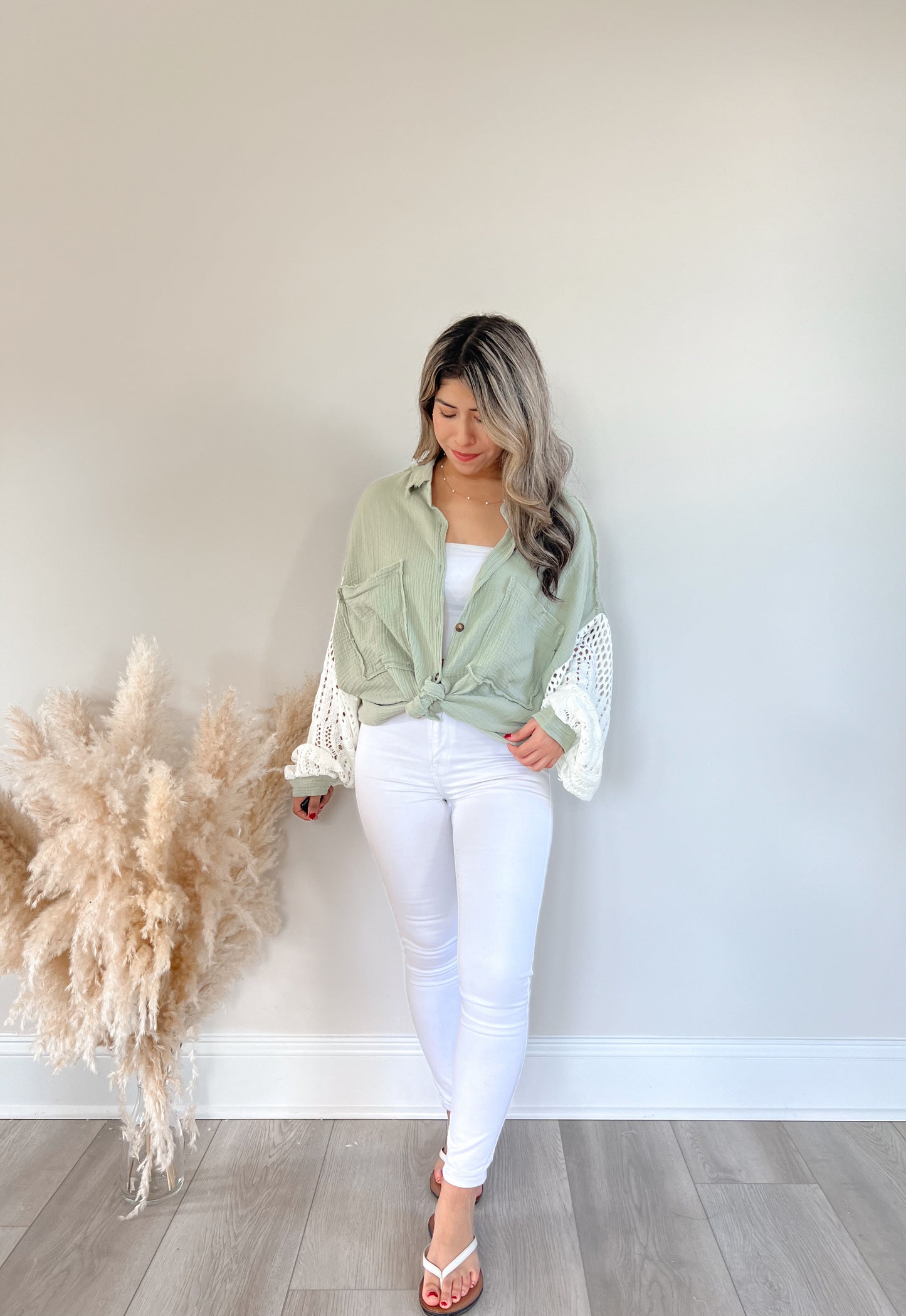 Isabella Crochet Sleeve Button Up (Sage)
