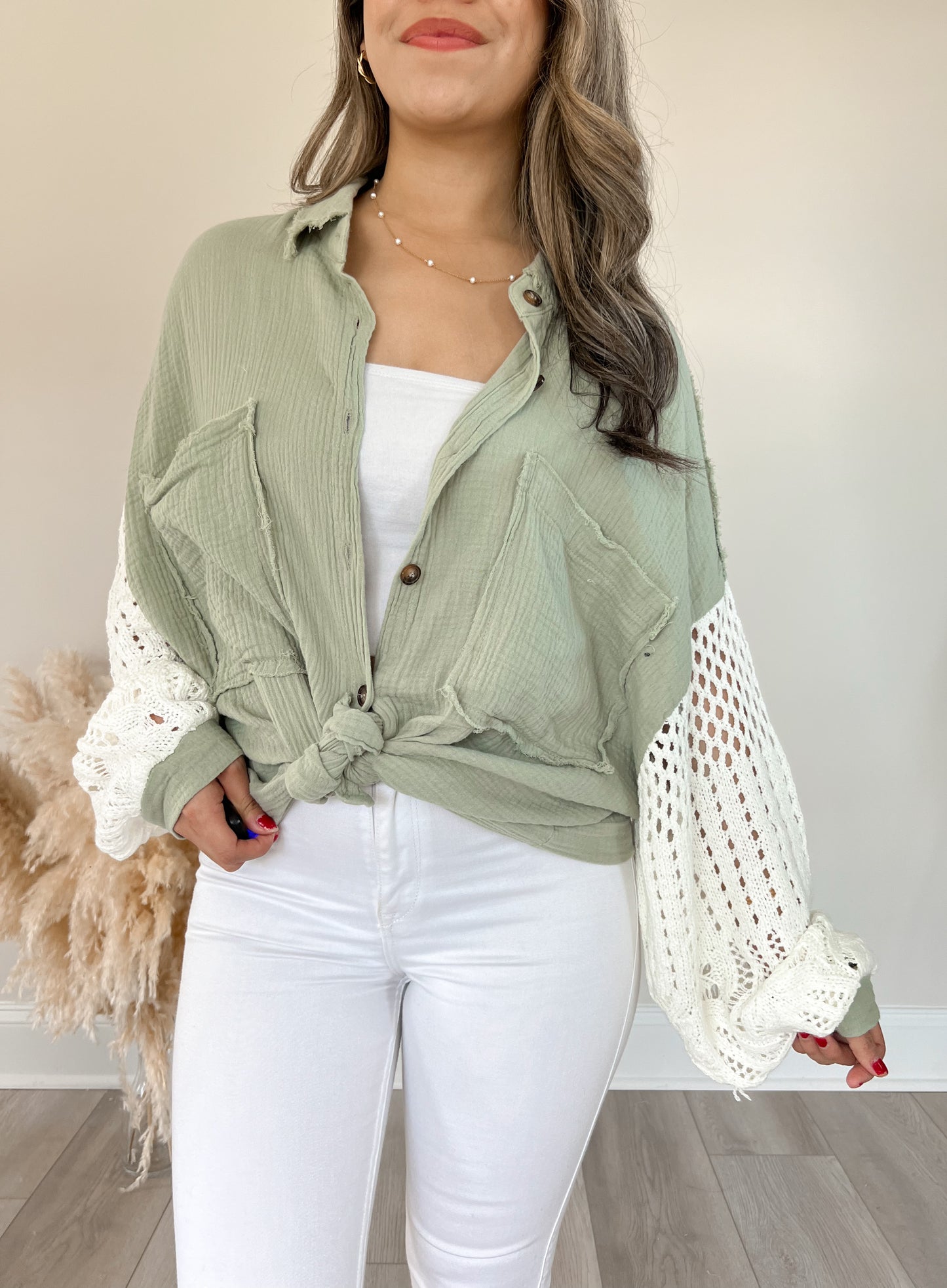 Isabella Crochet Sleeve Button Up (Sage)