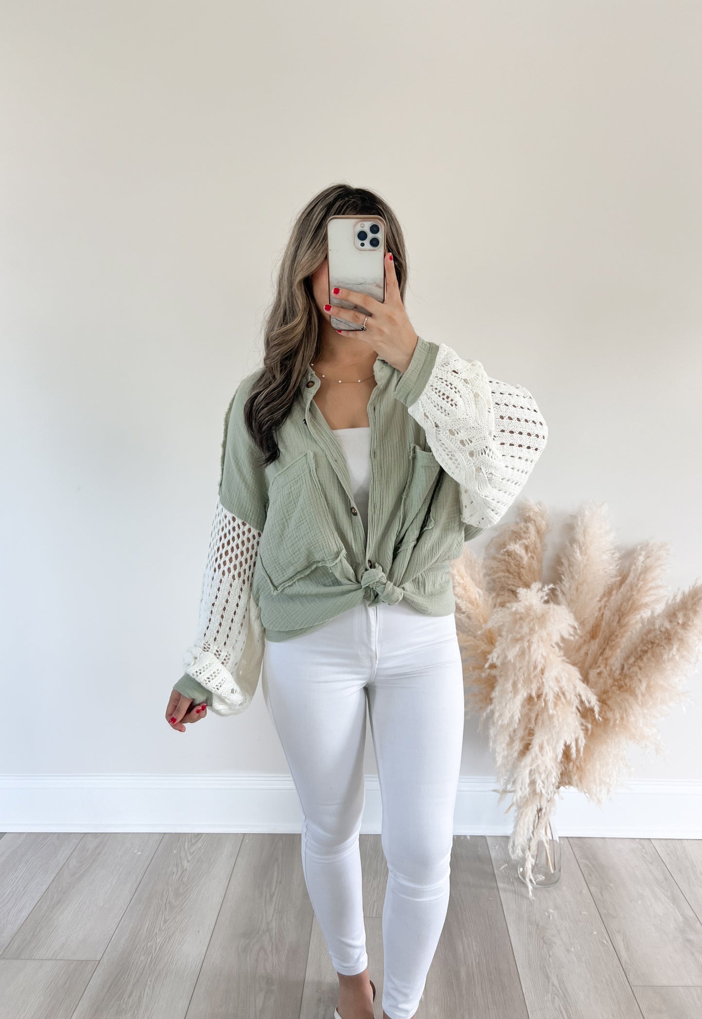 Isabella Crochet Sleeve Button Up (Sage)