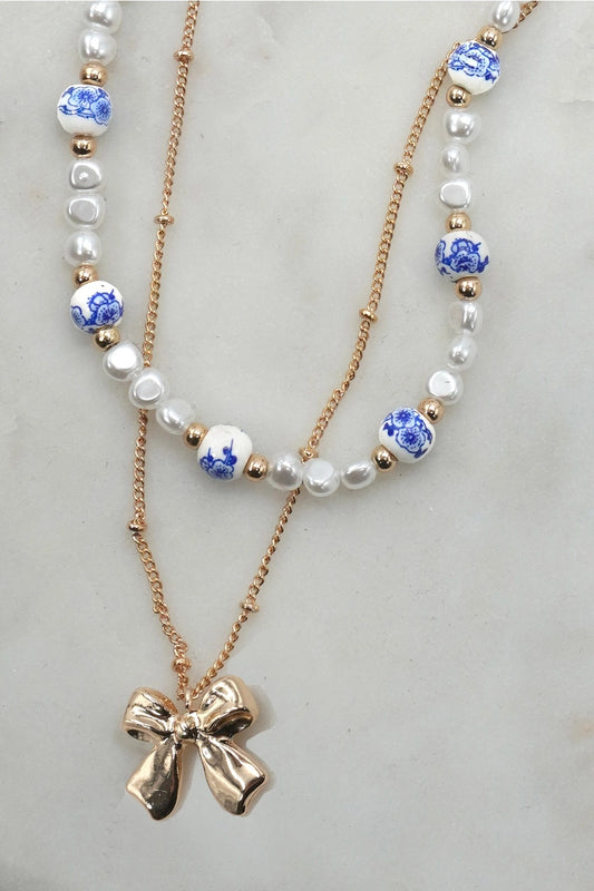 Ceramic Porcelain Pearl Bow Layered Necklace
