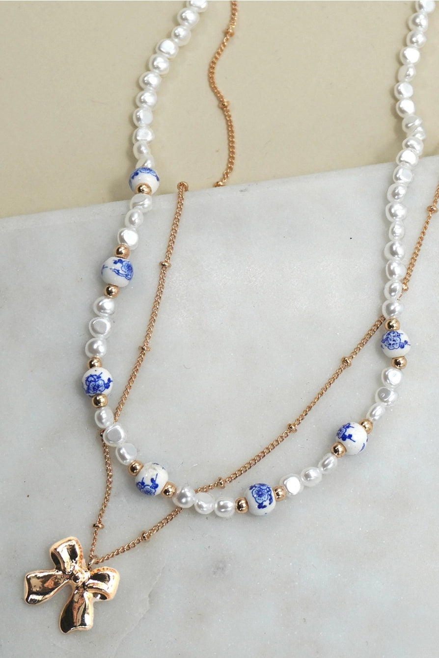 Ceramic Porcelain Pearl Bow Layered Necklace