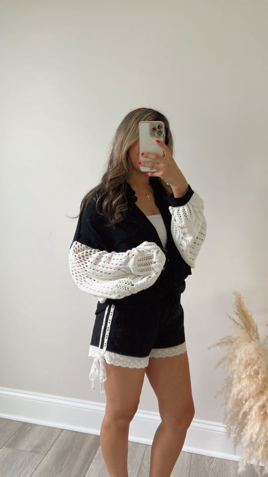 Isabella Crochet Sleeve Button Up (Black)