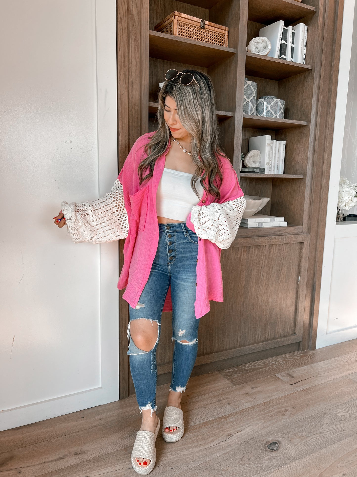 Isabella Crochet Sleeve Button Up (Bubblegum Pink)
