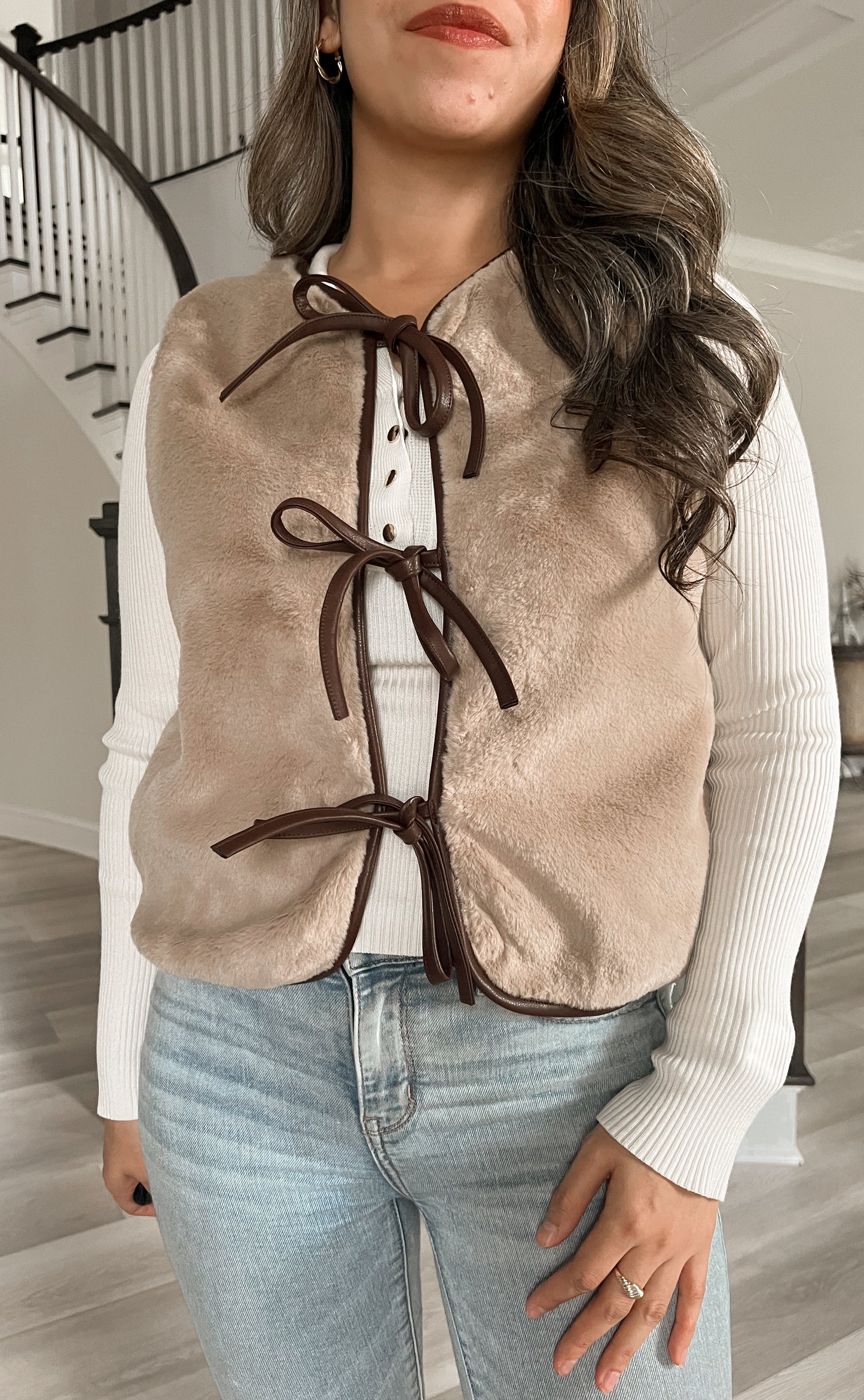 Faux Fur Bow Tie Front Vest