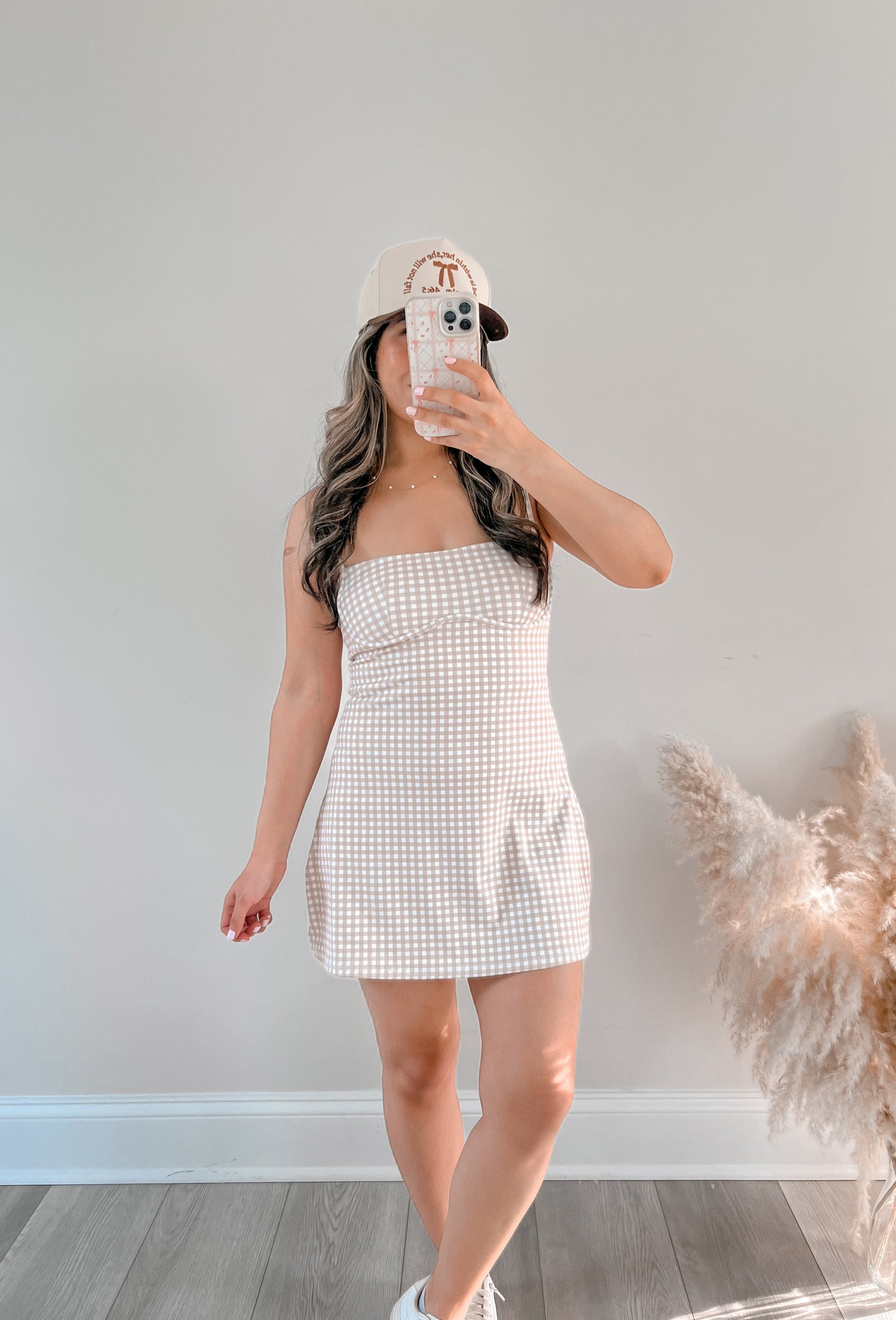 Gingham Active Romper Dress - Beige